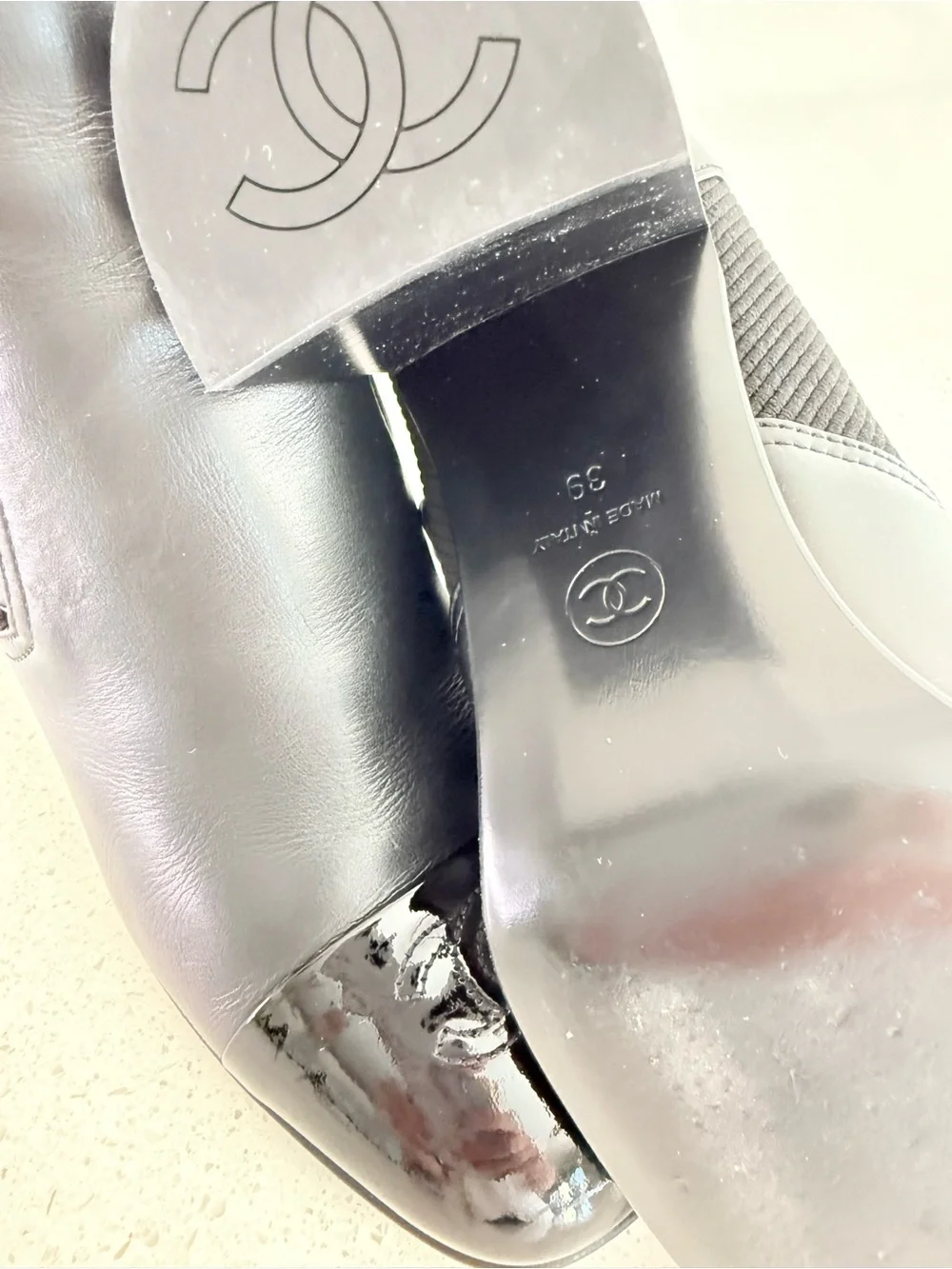 CHANEL  Coco Mark Faux-Pearl Black Leather Ankle Boots